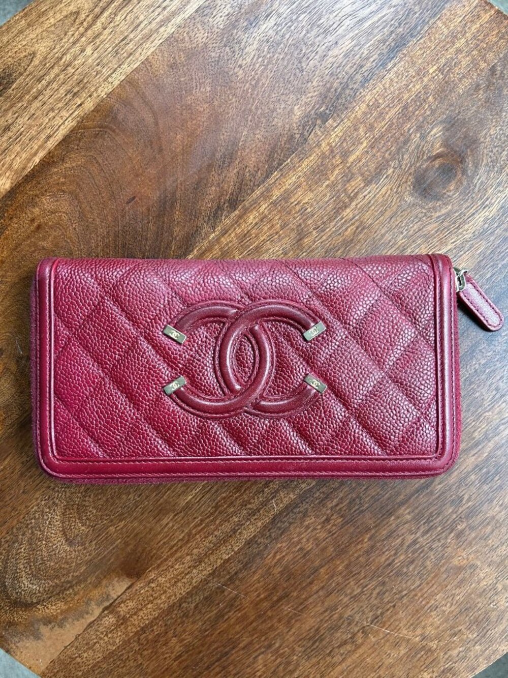 CHANEL Caviar Quilted Large Filigree Zip Around Wallet Red